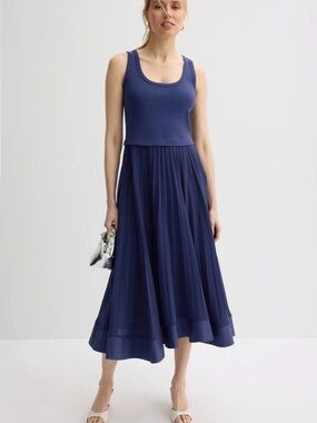 Claudia Pierlot Tradi Sleeveless Navy Tank Top Pleated Midi Dress